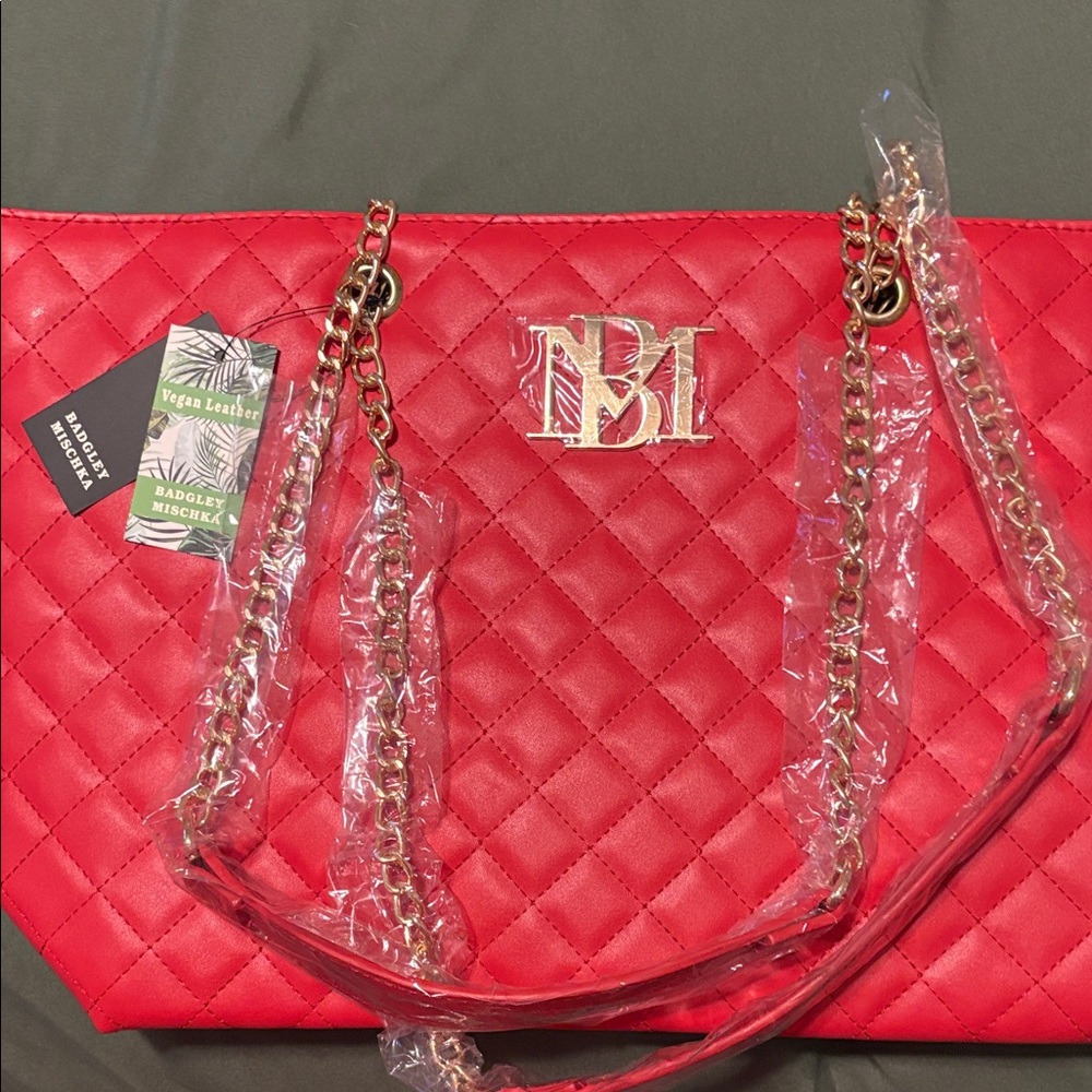 Badgley Mischka Quilted Red Tote with Gold Chain Handles